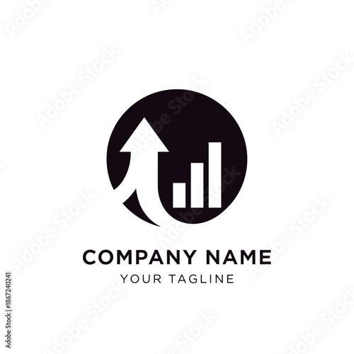 Minimalist business growth logo with an upward arrow and bar chart.