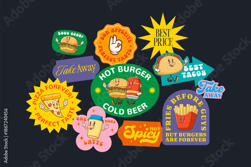 Groovy Burger Retro Character Stickers Set. Cartoon Hamburger, Taco, Coffee, Pizza and Beer. Vector Street Food Mascot Templates Patches Collection. Vintage Fast Food Illustrations Isolated