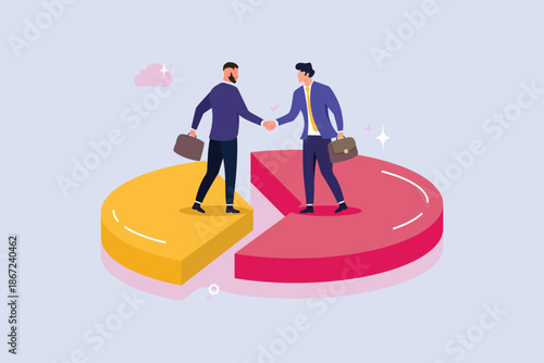 Business partnership agreement illustration, startup businessman shareholder collaboration, market share percentage, businessmen handshake on pie chart, company stakeholders vector clipart
