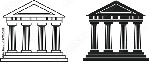 Classical courthouse building icon set with outline and solid styles, ancient Greek architecture symbol isolated on white background