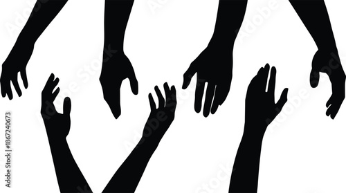 Helping hands silhouettes reaching together isolated on white background support teamwork care human connection charity vector illustration concept