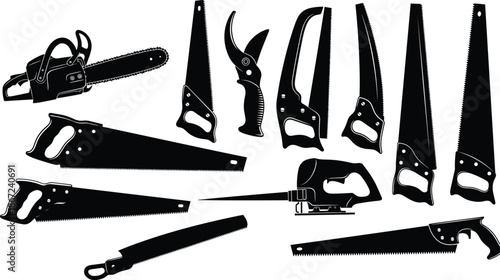 Collection of various hand saws, power chainsaw, jigsaw, and gardening pruners silhouettes isolated on white background for woodworking, carpentry, and professional landscaping industry.