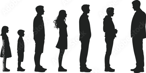 Human growth silhouette illustration, people standing line from child to adult, life stages concept, family development, black white vector art