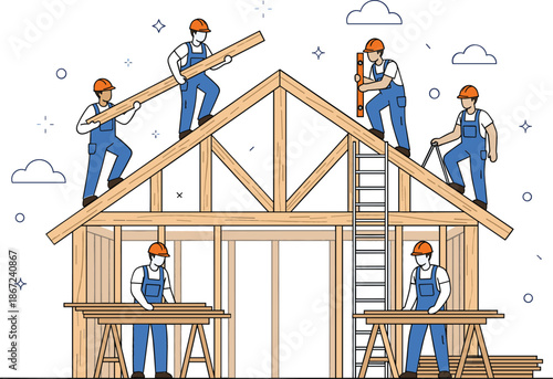 Team of professional construction workers in hard hats building wooden house frame structure with tools and ladders industry development and engineering concept.