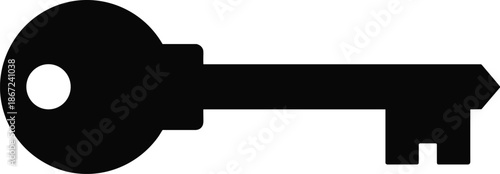 Key silhouette icon, security access symbol illustration, lock and safety concept, vintage metal key shape isolated on white background