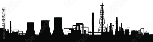 Industrial refinery skyline silhouette isolated on white background for oil gas energy production, power plant, factory, vector illustration, graphic design