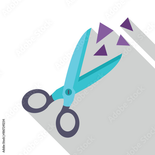Scissors with blue blades cutting purple triangles against a white background with a long shadow