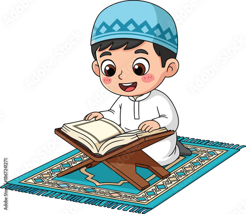Cute Muslim boy reading Quran illustration with prayer mat and book stand isolated on white background Islamic education vector design