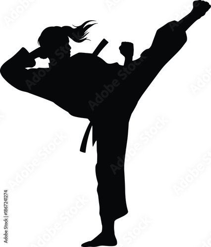 Martial artist silhouette performing high kick, karate taekwondo fighter pose, black combat sport illustration, isolated on white background vector design