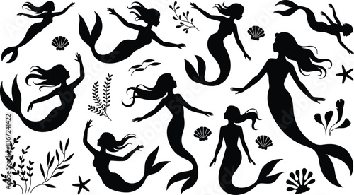 Mermaid silhouettes collection underwater fantasy illustration isolated on white background sea nymph siren women vector design ocean art