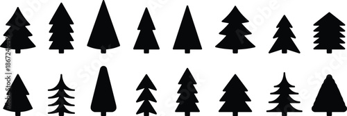 Minimalist black pine tree silhouettes icon set isolated on white background for winter forest design and decoration projects branding vector