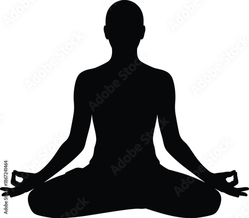 Meditation yoga silhouette, seated lotus pose human figure, mindfulness relaxation concept, spiritual wellness illustration isolated on white background