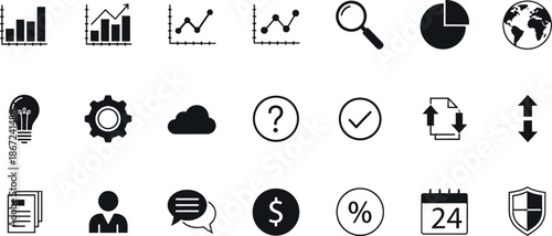 Collection of 20 business and finance icons in black and white