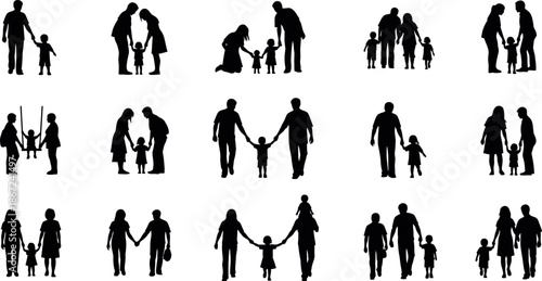 Silhouette illustrations of family and love concepts with parents and children