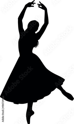 A silhouette of a woman in a flowing dress dancing with elegance and poise in a dynamic pose