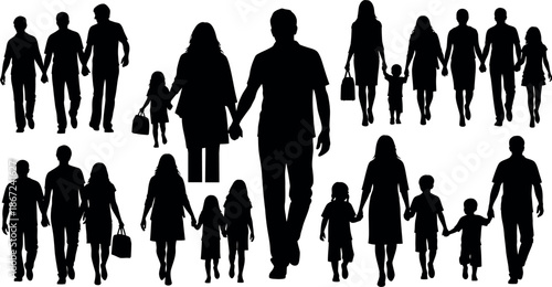 Diverse group of people walking together in various family units and age groups
