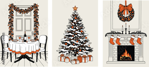 Cozy Christmas home interior illustration with dining table decorated tree fireplace stockings wreath isolated on neutral background festive vector art