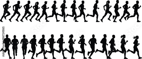 Running silhouettes of men and women, marathon runners group in motion, sports athletes jogging set, fitness exercise people silhouettes, outdoor activity training vector illustration