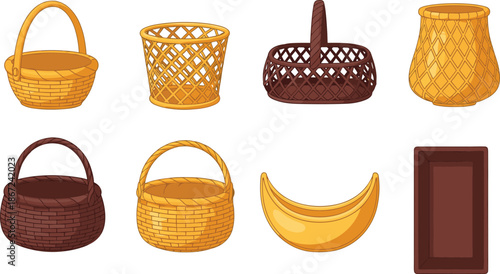 Wicker basket collection illustration with woven storage containers bowls and tray isolated on white background handmade craft vector set