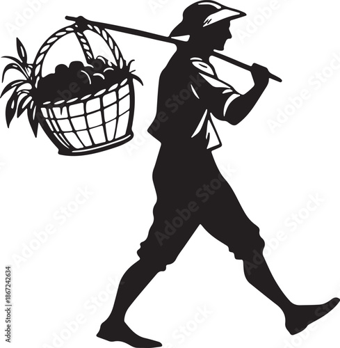 Retro Silhouette of Peasant Farmer Carrying Harvest Basket on Shoulder Pole