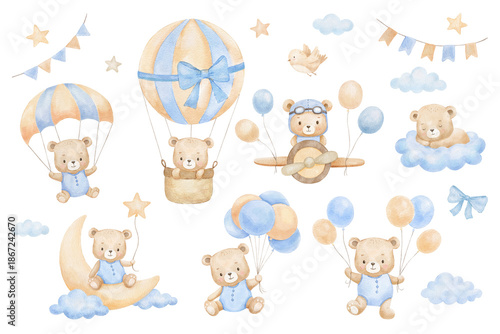 Watercolour cute bear character with parachute, hot air balloon isolated on white background. Baby animal sitting on moon with clouds for boy birthday cards, nursery decor