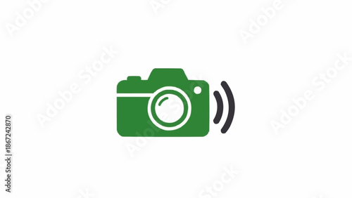 Green camera icon with wireless signal symbol on a white background.