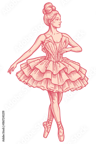 A graceful ballerina in a tutu and pointe shoes, dancing en pointe. Hand-drawn vector illustration with a vintage, engraving-style hatching.