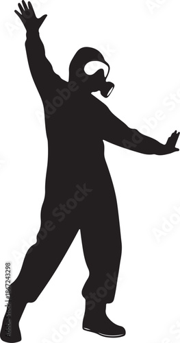 Black Silhouette of Person in Hazmat Suit and Gas Mask with Raised Arms