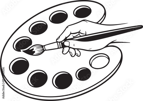 Monochrome Line Art Illustration of Hand Dipping Paintbrush into Artist Palette