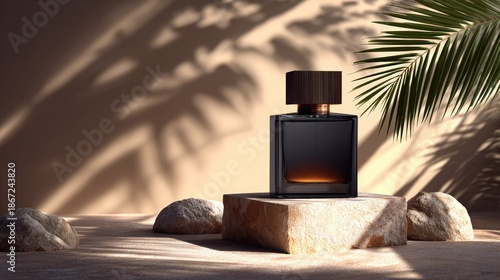 Dark glass fragrance bottle rests upon a textured stone pedestal surrounded by desert elements and dappled sunlight