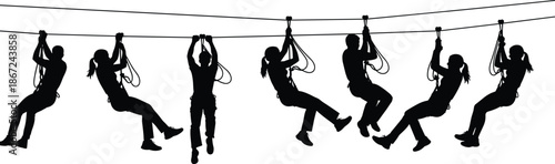 Silhouette of diverse people ziplining on high wire cable adventure, outdoor extreme sports activity, group of men and women enjoying summer vacation fun,