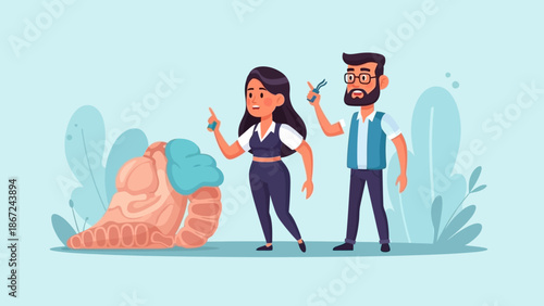 Illustration of a man and woman discussing beside a large seashell in a serene environment