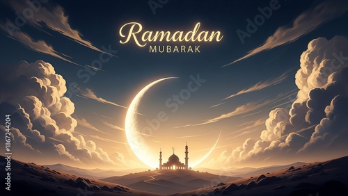 cinematic ramadan mubarak islamic night scene with glowing crescent moon and mosque
