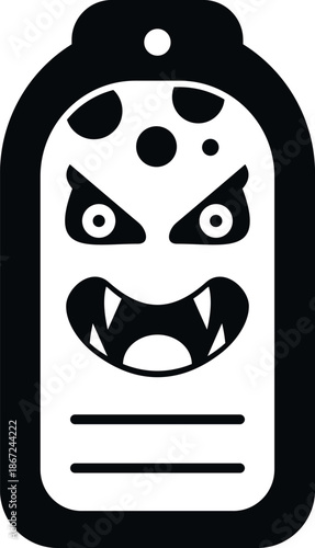 Monster icon tag with evil face, sharp teeth, and angry eyes