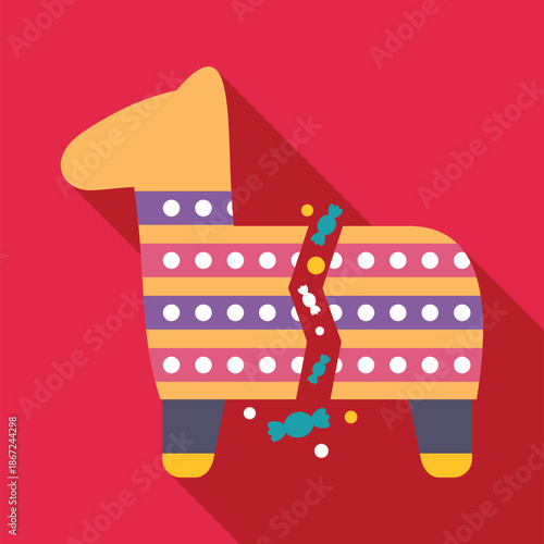 Colorful donkey pinata breaking open, releasing sweets and festive confetti