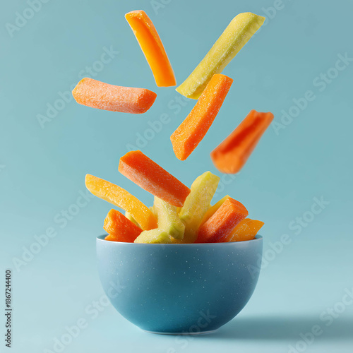 Carrot and bell pepper sticks falling into bowl, healthy fresh vegetable snack concept