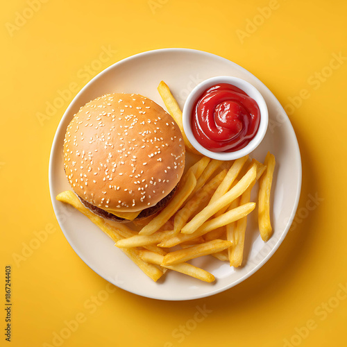 Burger with fries on a plate, golden fries texture, delicious fast food meal
