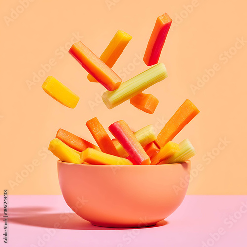 Carrot and bell pepper sticks falling into bowl, healthy fresh vegetable snack concept