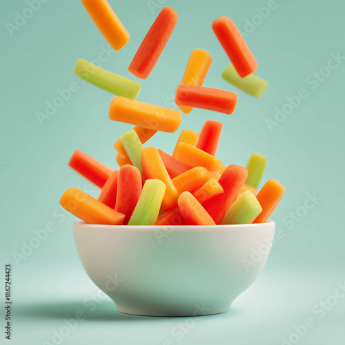 Carrot and bell pepper sticks falling into bowl, healthy fresh vegetable snack concept