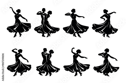 Silhouettes of female dancers in flowing dresses
