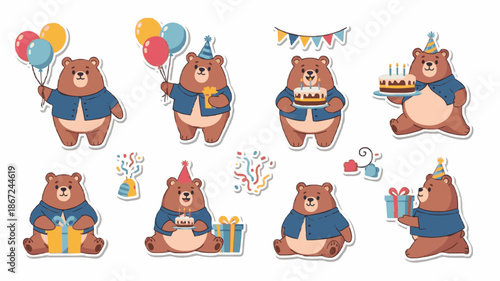 A set of eight brown bear stickers celebrating a birthday with various activities on a white background.