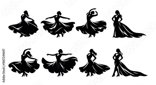 Silhouette of women in flowing dresses engaging in dance poses on black background