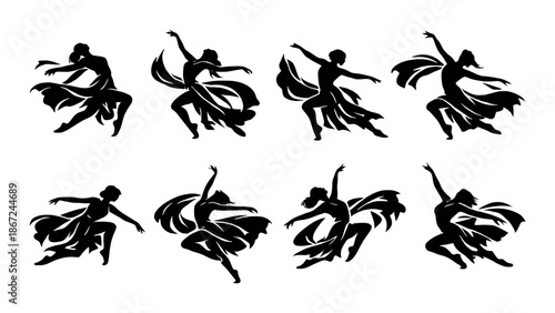 Silhouettes of female dancers in dynamic poses against a dark background