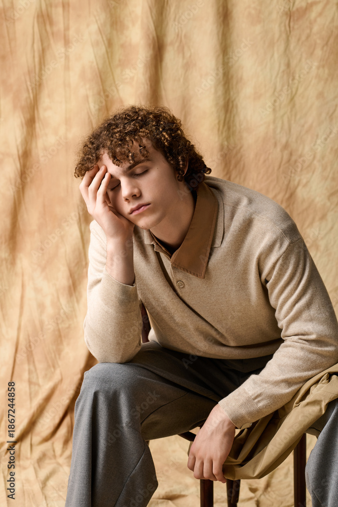 Obraz premium Stylish teenager expressing deep thought in a cozy studio setting