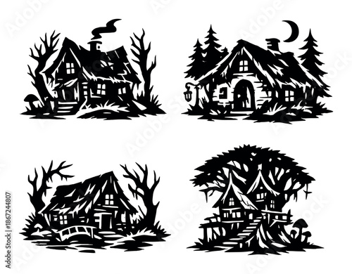 Silhouetted fairy tale cottages with trees and moons in night scene