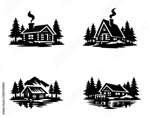 Silhouetted cabins on black background with smoke, trees, and mountains