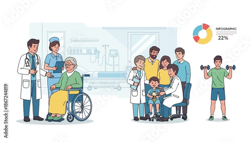 Medical professionals assist patients in various health and wellness activities in a clinical setting.