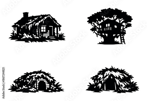 Silhouette of rustic cabins, treehouse, hobbit house, and hut on black background