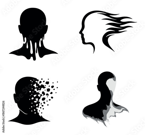 Mysterious silhouettes and faces with abstract patterns in shadowy darkness