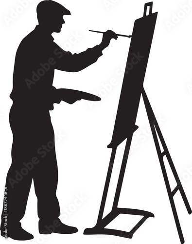 Vector silhouette of painter working on canvas on easel isolated on white
